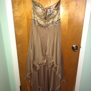 Beaded/gold high-low prom dress. Shoes & bracelet!